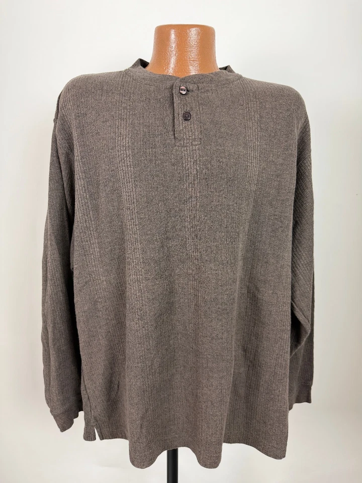 Vintage 90s Ribbed Henley Shirt Men Large Minimal Heather Brown Heavy Textured - Image 2 of 4