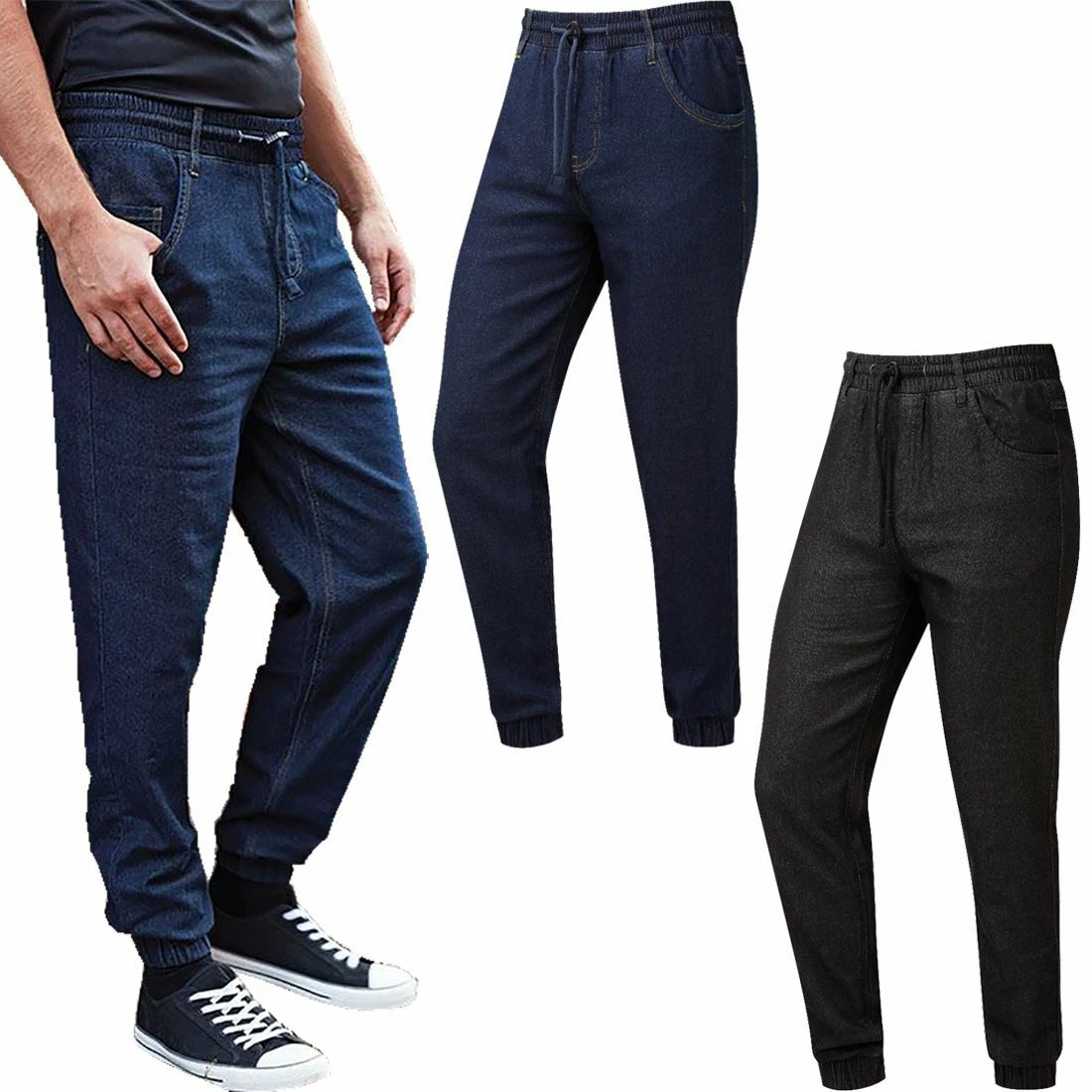 Mens Plain Full Length Jogger Bottom Denim Trouser Adults Sports Work Wear Pants