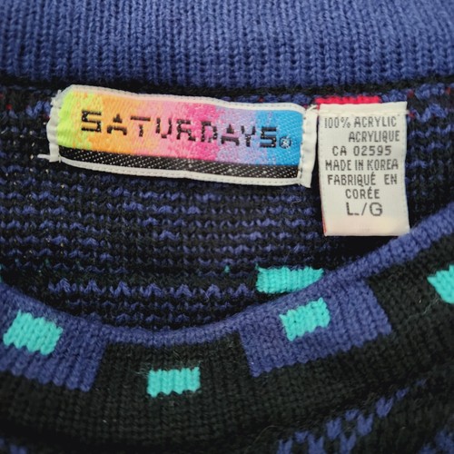 Vtg Saturdays Coogi Style Knit Sweater Men Lrg Multicolor EUC Geometric 3D Dad - Picture 8 of 10