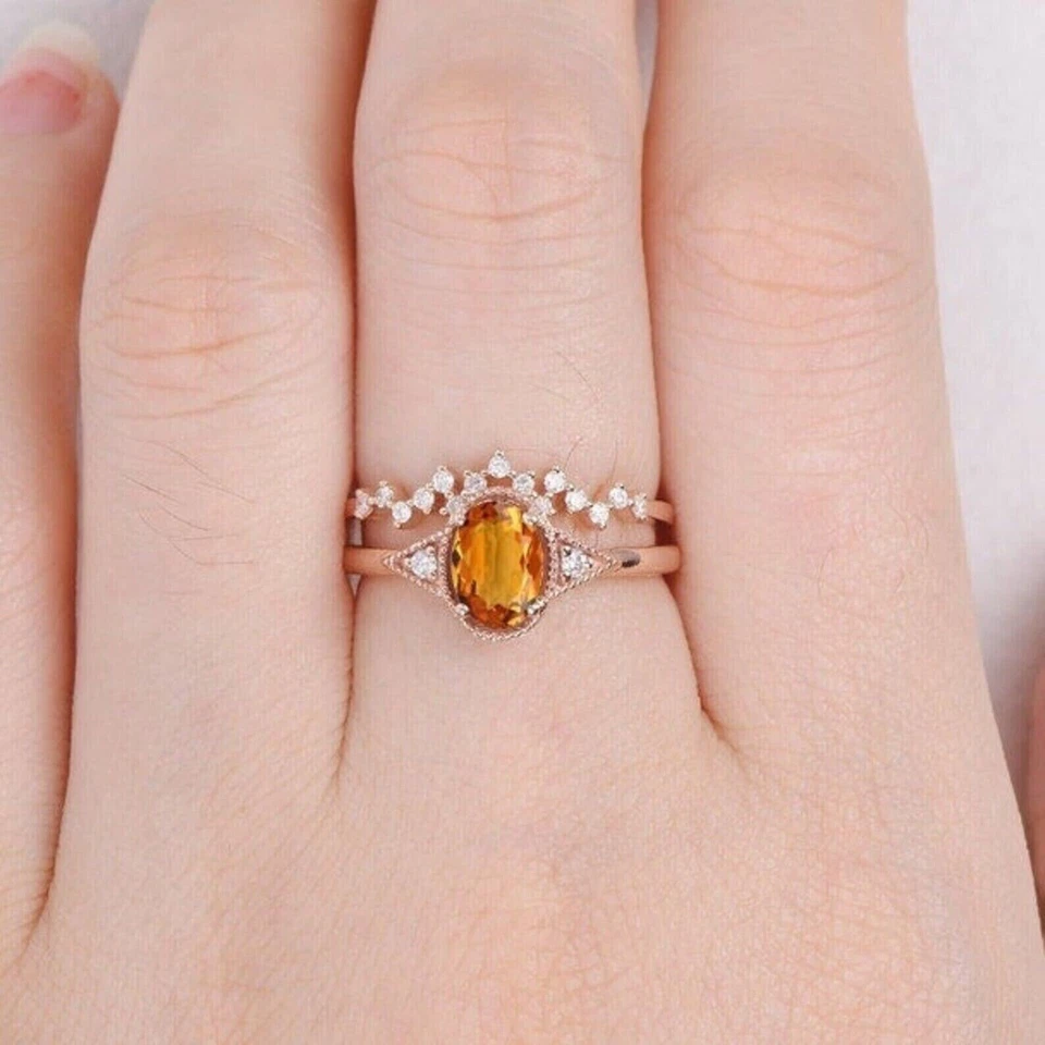 Juego de anillos de boda vintage de plata enchapados en oro rosa de 14 quilates citrino natural corte ovalado Foto 4 de 4