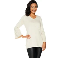 H by Halston V-neck Bell Sleeve Sweater Tunic-Heathered Bone-S-New-A297074
