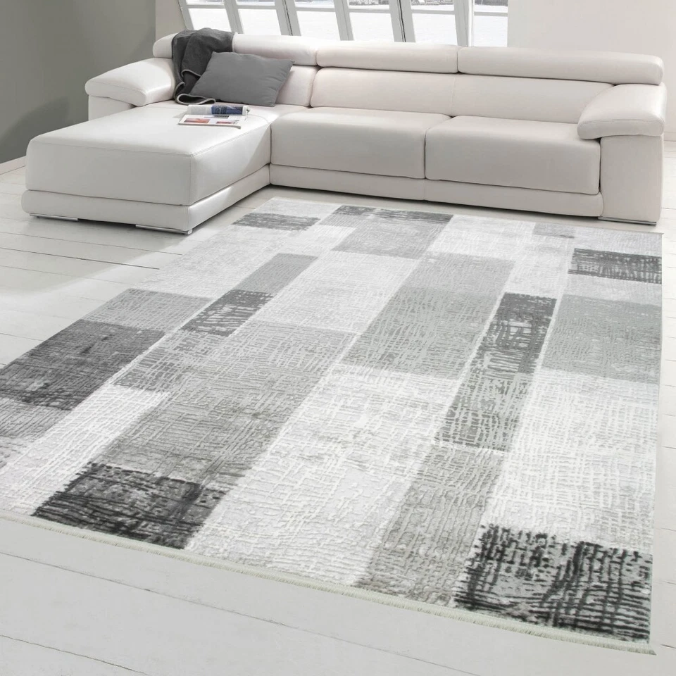 Tapis de salon design laine gris crème - Photo 1/4