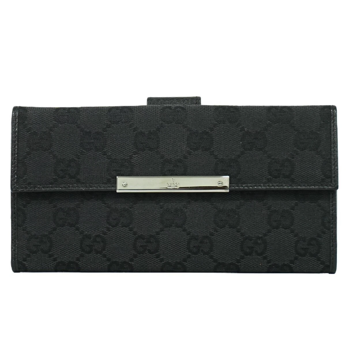 Gucci GG Supreme Long Wallet GG Canvas Leather Black Silver Authentic