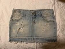 Guess Distressed Denim Mini Skirt - Light Blue Frayed Hem with Black Tights
