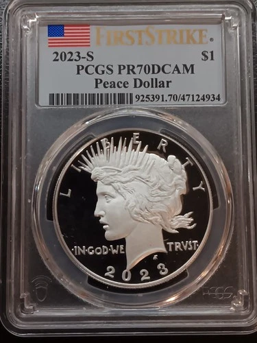 2023-S PCGS PR70 DCAM Peace Dollar First Strike Coin. 99.9% Pure Silver Proof.