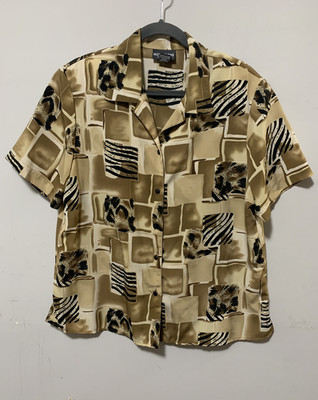 Notations Women XL Short Sleeve Blouse Animal Print Button Down Shoulder Pad Top