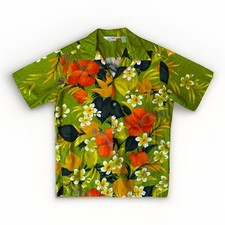 Vintage Sears Hawaii Shirt Medium Green 60s Short Sleeve Art Floral Beach