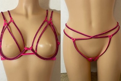 L VICTORIAS SECRET SHINE STRAP Open Cup Bra Thong Panty Set Pink Twinkle Caged