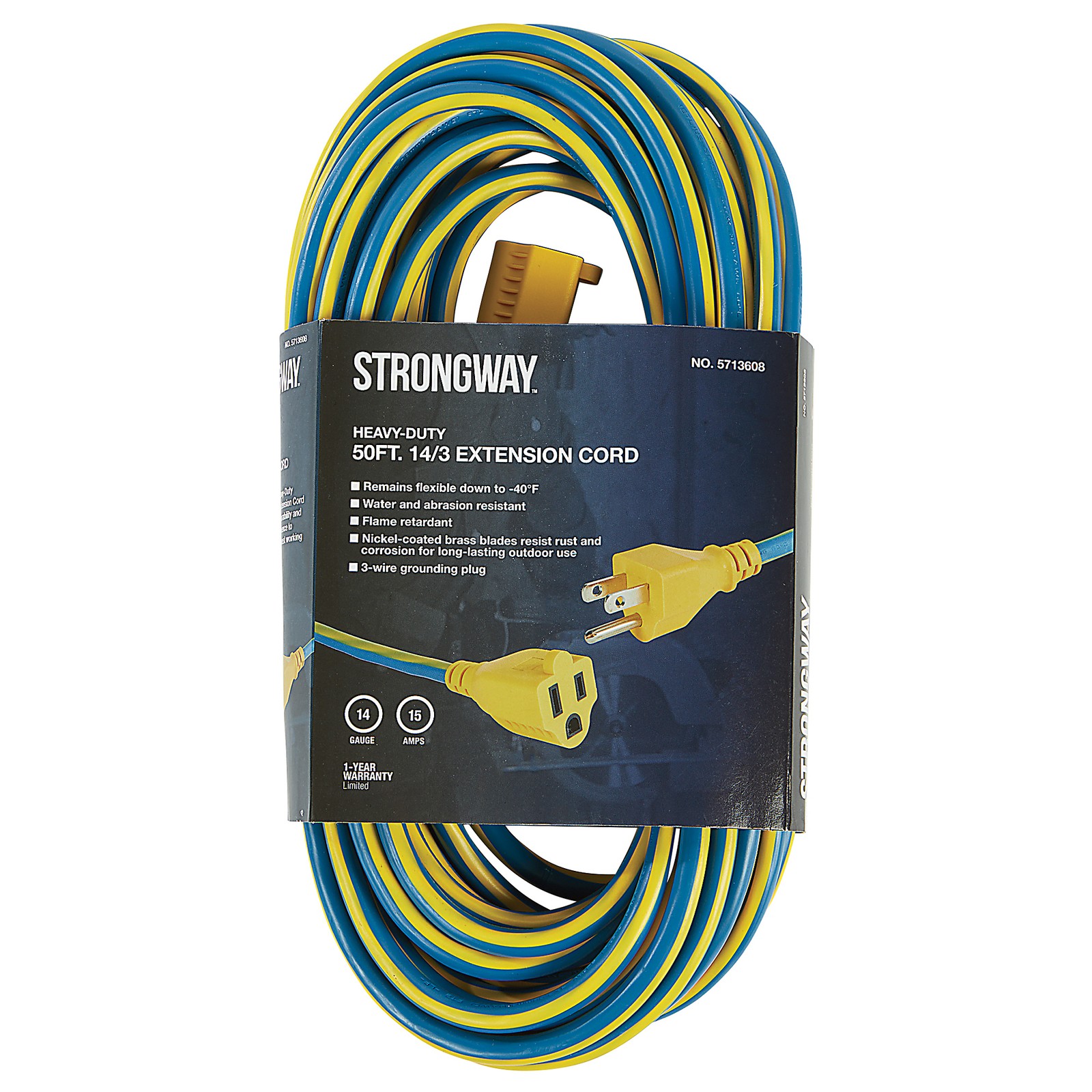 Strongway Outdoor Extension Cord, 50ft., 14/3 Ga. 15 Amps, Blue, Yellow