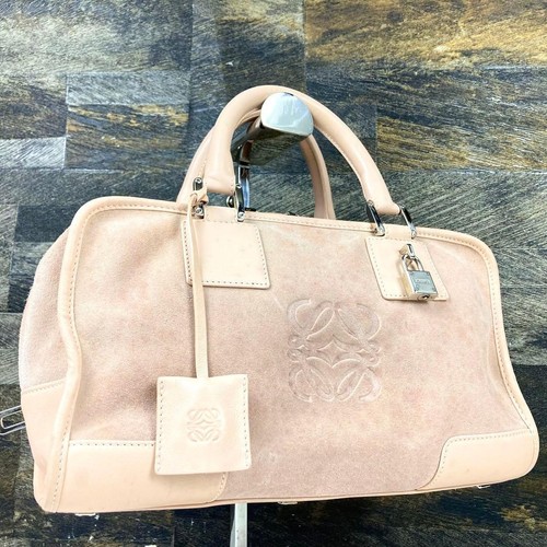 Auth LOEWE Amazona 28 Suede Leather Handbag Boston Bag Beige Anagram Lock 28cm