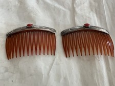 Native American Navajo Sterling Silver Coral Hair Combs   Matched Pair-Vintage