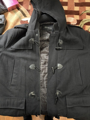 GUESS Men's Black Hooded Lined Duffle Coat Toggle/Zip Closure