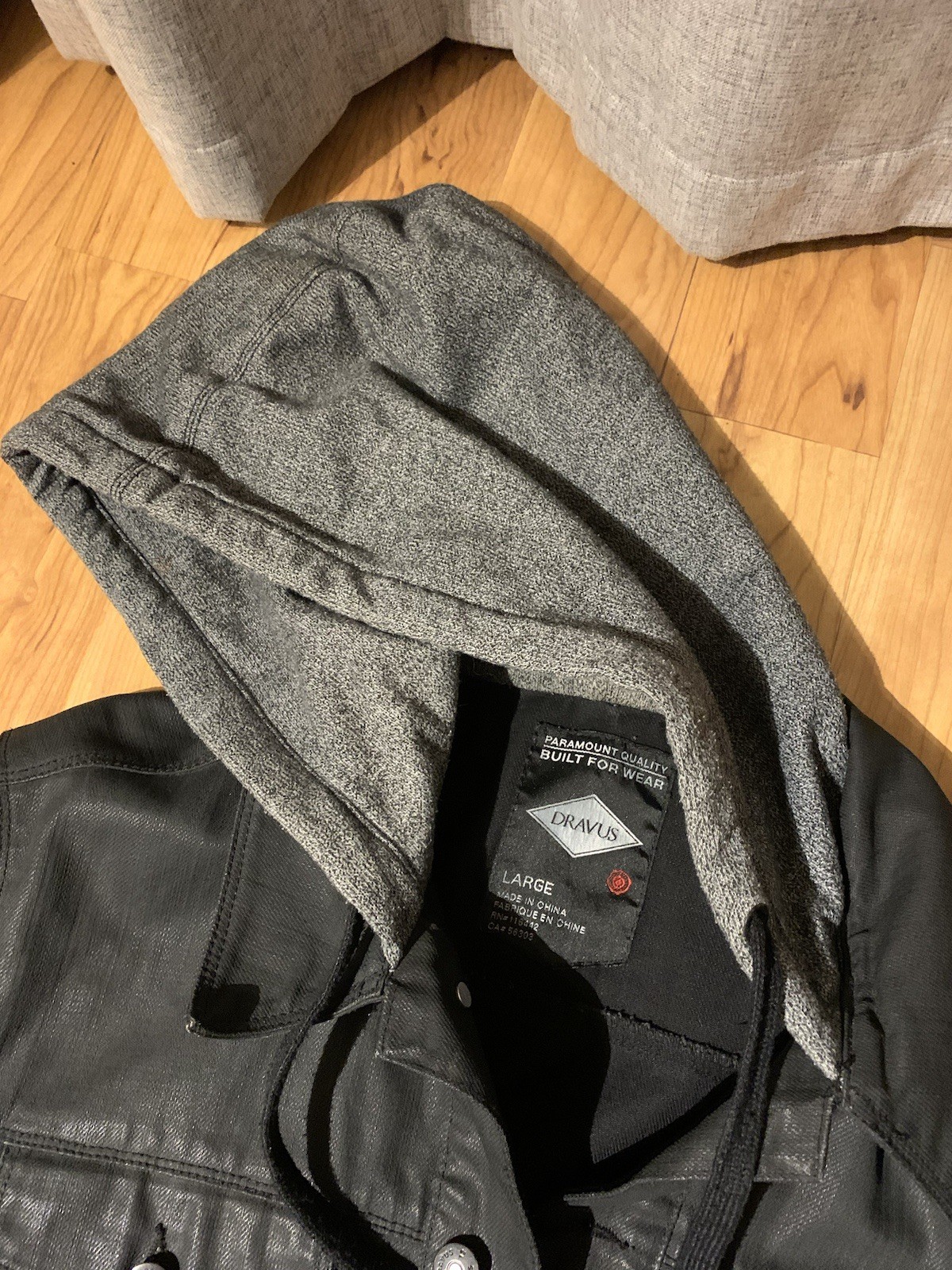 DRAVUS Drawstring Tie Button Black Denim Hooded J… - image 3