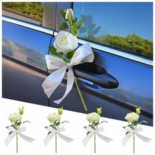 4 PCS Car Wedding Decorations Set Automotive White Rose Flower Satin Ornaments