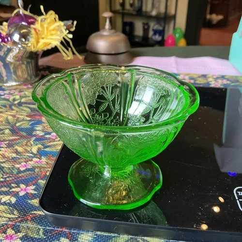 VTG Jeannette Glass Co Uranium Green Cherry Blossom Sherbet Ruffled Foot