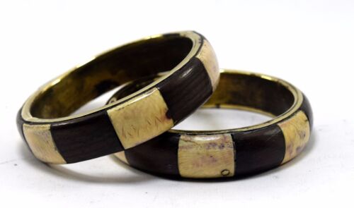 Belle paire collective de bracelet de base en laiton en bois et incrustation IVR i8-42  - Photo 1/8