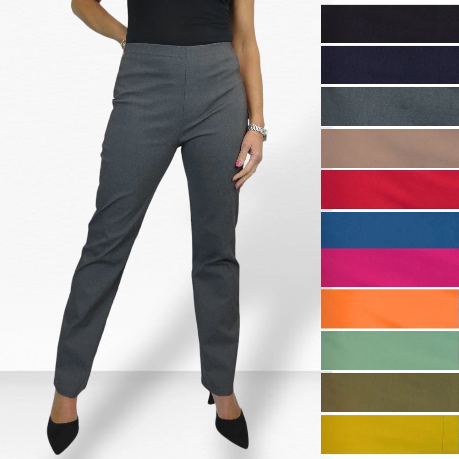 Ladies Elasticated Waist Pull On Trousers Straight Leg High Rise Work Pants 8-22