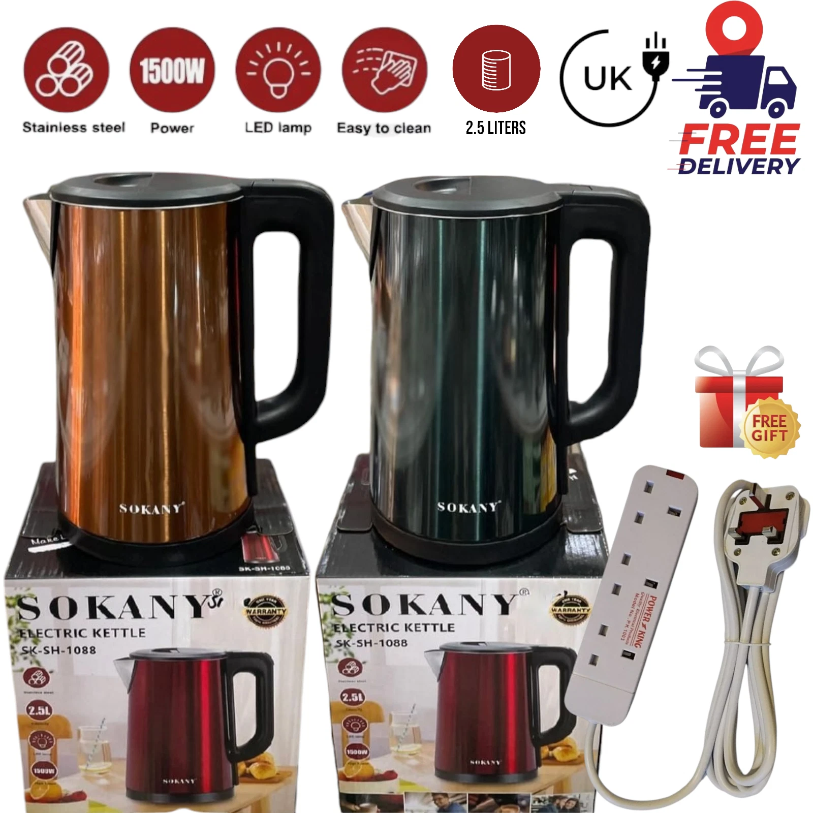 SOKANY Kettle Electric Quite Fast Boiling Kettles 2.5L 1500W With Extension Lead