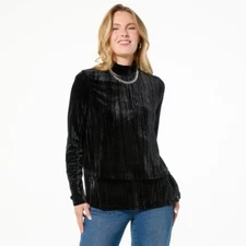 DG2 by Diane Gilman Crushed Velvet Mock Neck Easy Top Size Large Solid Black NEW