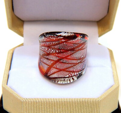 Boho Art Deco Fiery Red & Silver Foil Hand Blown Glass Bling Ring size 7.75