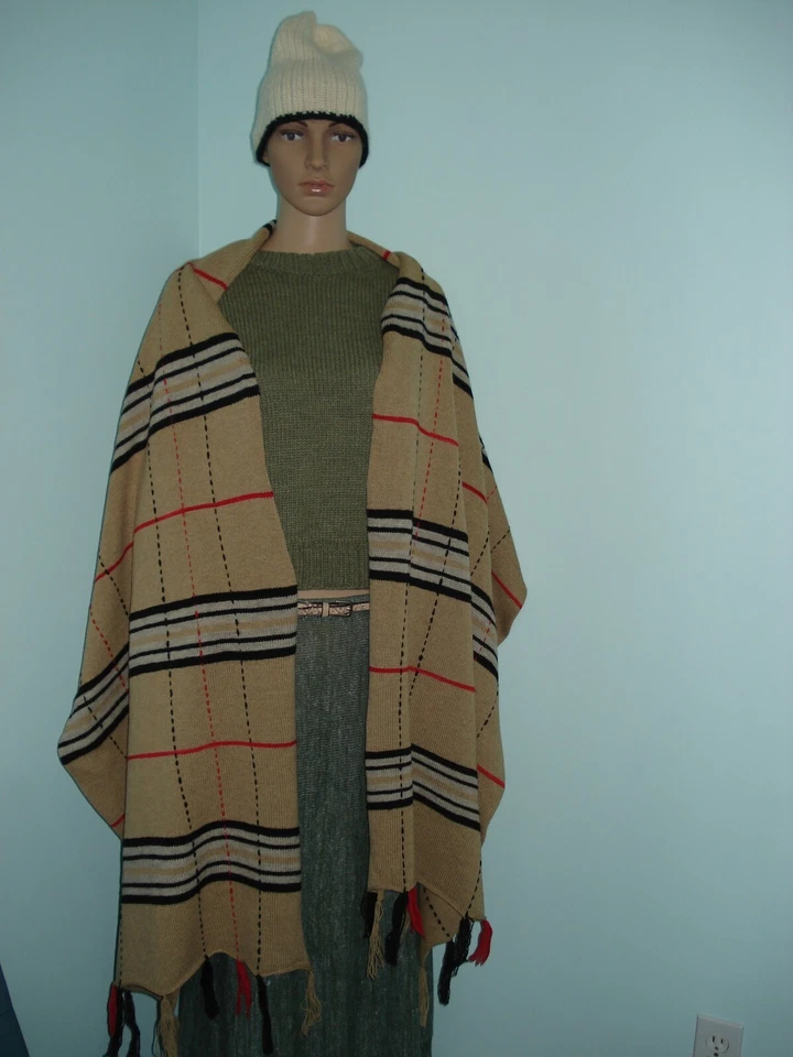 Bufanda de seda Merino/cachemira tejida a mano beige/negro/rojo 8F de largo (hecha a pedido) Foto 3 de 4