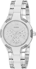 GUESS WOMEN'S SPORTY DAY/DATE WATCH WHITE DIAL crystal accented bezel U0556L1