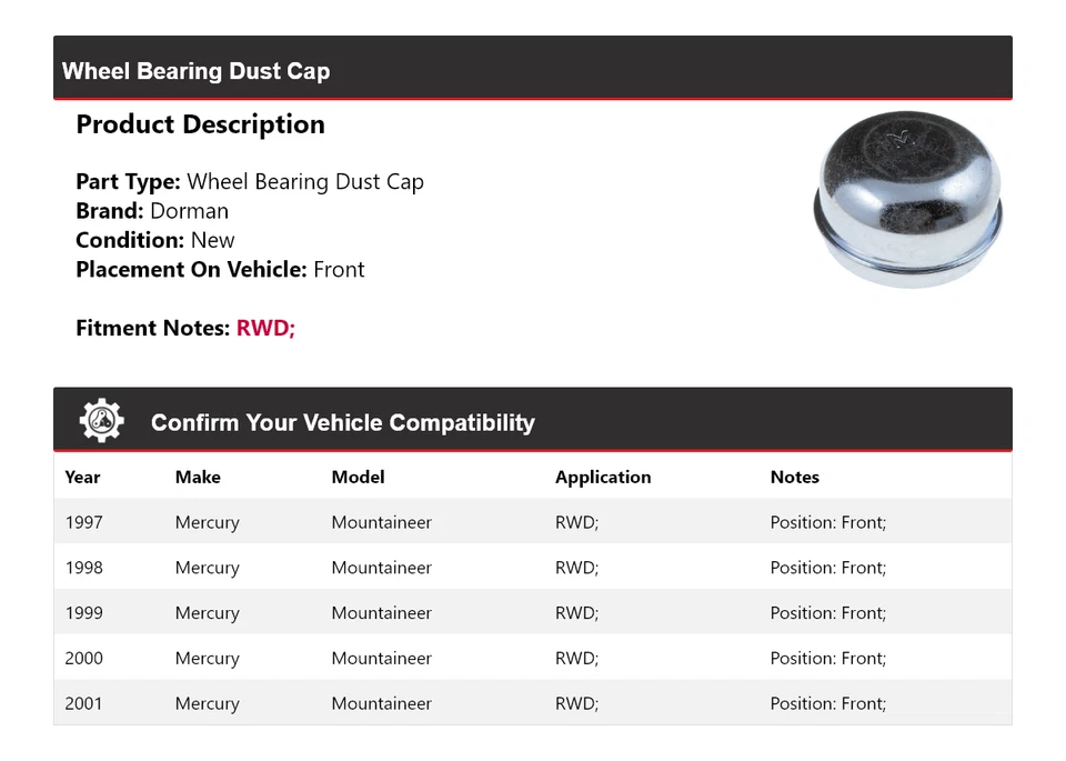 Para 1997-2001 Mercury Mountaineer RWD Dorman roda rolamento tampa de poeira dianteira 1998 - Imagem 2 de 4