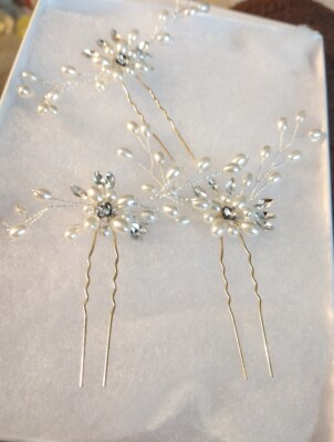 Hair Couture Hair Pins, set of 3 . Pearls and Crystal  display picture 2