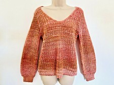 NWT Loft Women  s Pink Orange Spacedye Blouson Sleeve v Neck Sweater Knit XS S