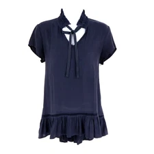 RO&DE Short Sleeve Blouse Shirt Womens Size XS Dark Blue Polyester Mock Neck Tie