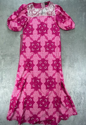 Vonda A Line Maxi Dress Women M Pink Floral Lace Detail Puff Sleeve Keyhole Back