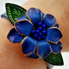 Boho Chic Leather Flower Cuff Snap Bracelet Adjustable Statement Country Western