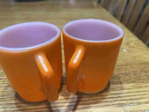 Fire King Anchor Hocking Orange Milk Glass D Handle Mugs Stacking Set of 2