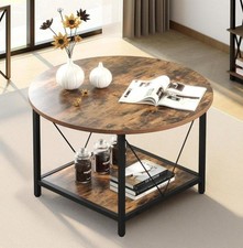 Wooden Round Coffee Table, Rustic 2-Tier Wooden Center Table w/ Storage Shelves
