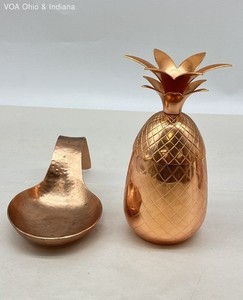 Hammered Copper Tone Spoon Rest and Pineapple Lidded Jar Set 2 Piece