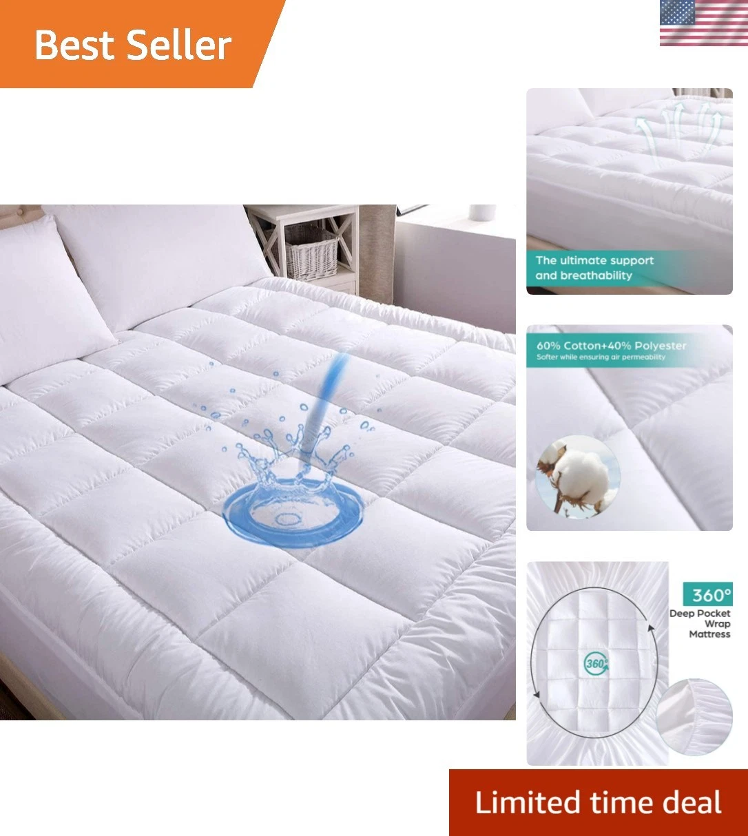 Cotton Waterproof Mattress Pad Queen Size Top Down Alternative Filling Pillow...