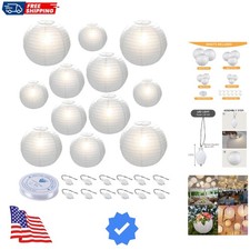 12pcs White Paper Lanterns with LED Lights, Chinese Hanging Lanterns 6" 8" 10...