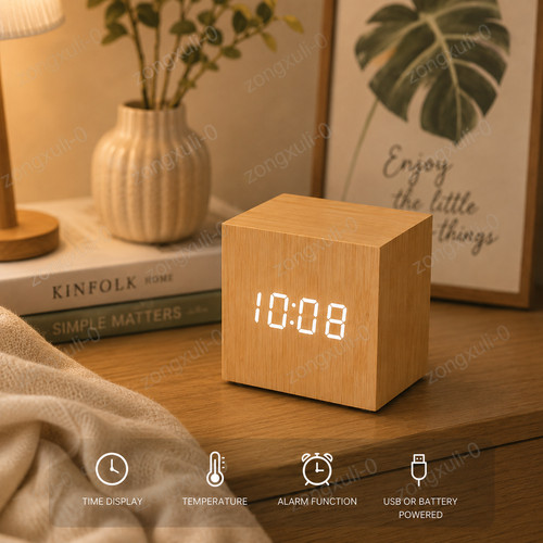 Wooden LED Digital Alarm Clock Time Temperature Calendar Display USB Desk Clock