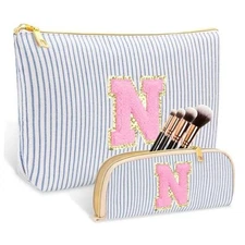 2 PCS Initial Makeup Bag, Personalized Travel Cosmetic Bag/11 12 13 14 Blue N