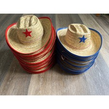 Straw Cowboy Hat Kids OS Beige Red Blue Sheriff Star Western Costume