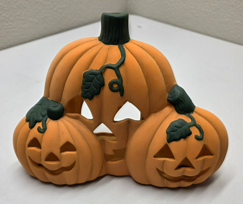 Halloween Jack O Lantern Group trio tea light candle luminary Ceramic Pumpkin