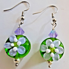 FLORAL EARRINGS Light Purple Flowers Artisan Glass Lampwork Beads Sterling NEW