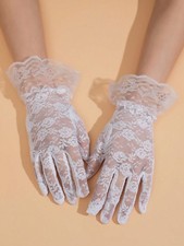 White Lace Full Finger Gloves For Women Wedding Bridal Valentine One Size M