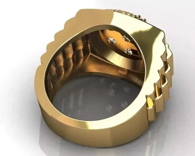 Anillo de diseño Rolex de diamantes creado en laboratorio de corte redondo de 3 quilates enchapado en oro amarillo de 14 quilates para hombre Foto 4 de 4