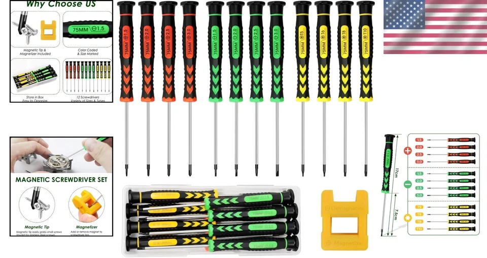 Compact Screwdriver Set: 12 Multi-Style Philips Flathead Torx with Magnetizer - Image 2 of 4