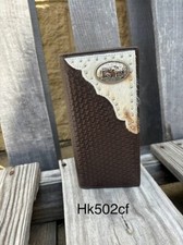 Basketweave Leather Tall Rodeo Wallet Praying Cowboy Concho on Cowhide Inlay