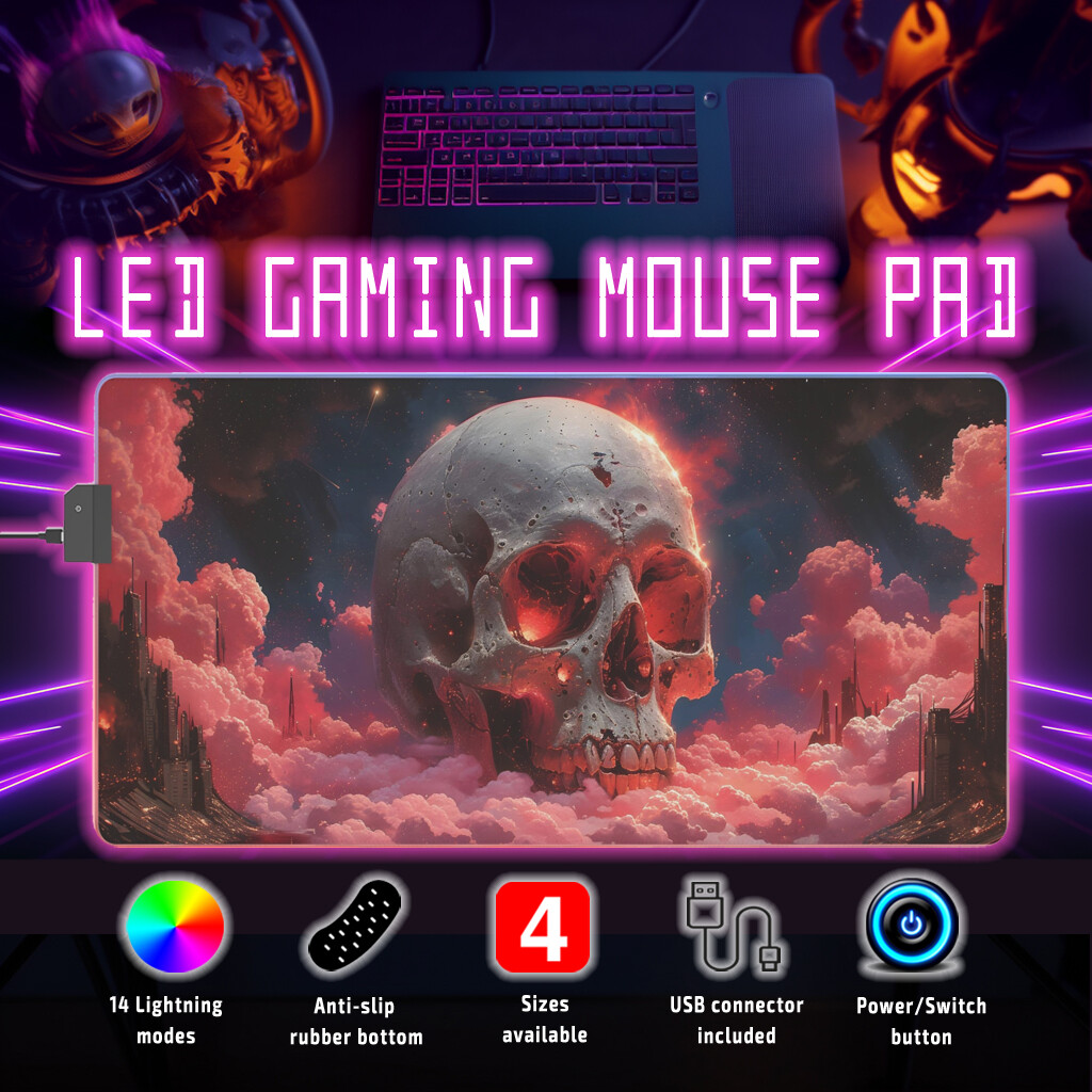 LED Gaming Mouse Pad with RGB Skull Nebula Rose Design - 14 Dynamic Colors Anti-Slip Surface