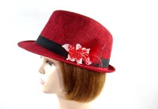 Red Fedora Trilby Hat Rhinestone Flower Guinea Feathers Society Ladies