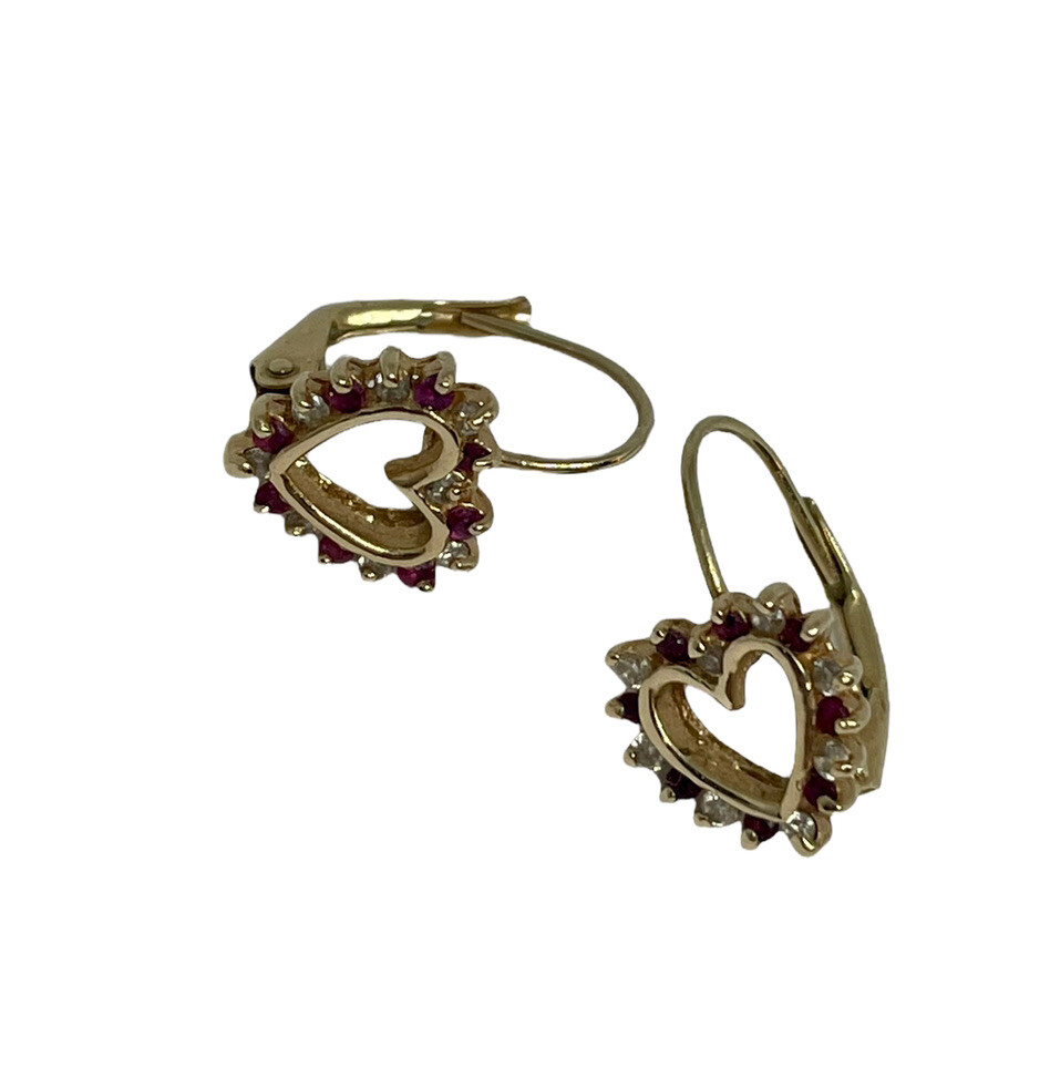 14k Solid Gold Heart Shape W/ Diamonds Pierced Ea… - image 2