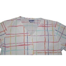 Landau Women Short Sleeve Medical Scrub Size Medium White Button Front V-Neck